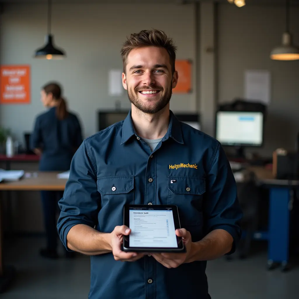 A HelpyMechanic technician holding a tablet with a 'Contact Us' form, ready to assist customers in a modern auto repair shop.