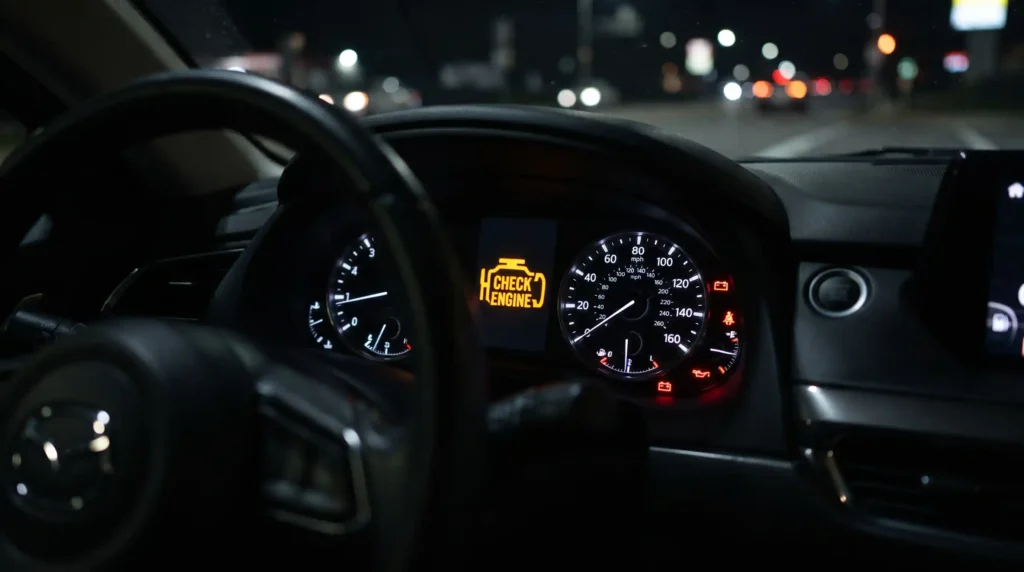 A modern car dashboard at night showing a bright amber check engine light on behind the steering wheel during a nighttime drive.