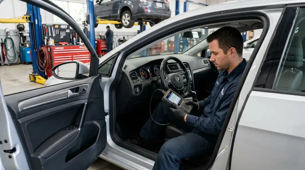 ABS Light On? 6 Common Causes, Fixes & When It’s Dangerous 2 ABS light on while a mechanic diagnoses the vehicle with an OBD scanner