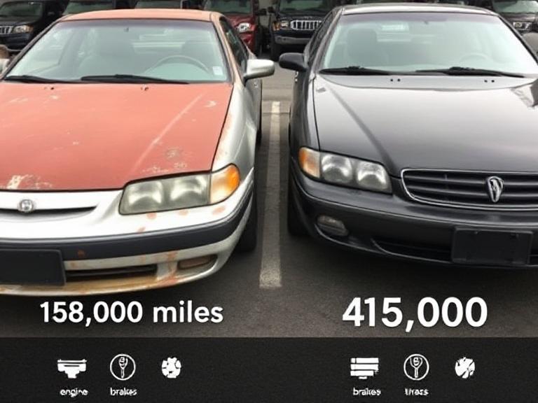 A simple comparison chart showing features of the best first car versus a poor choice, including mileage, rust, and engine condition.