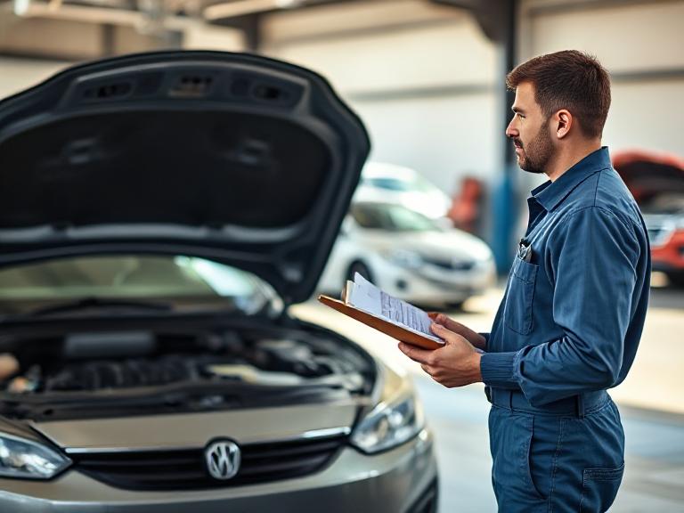A mechanic inspecting a used vehicle to help a young driver choose the best first car for reliability and safety.