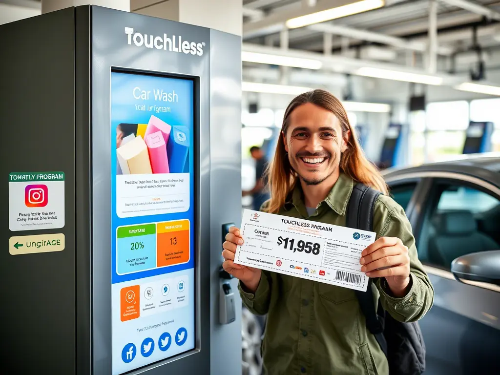 Smart ways to market and start a touchless car wash business—showing loyalty rewards, digital promos, and customer satisfaction at an automated kiosk.