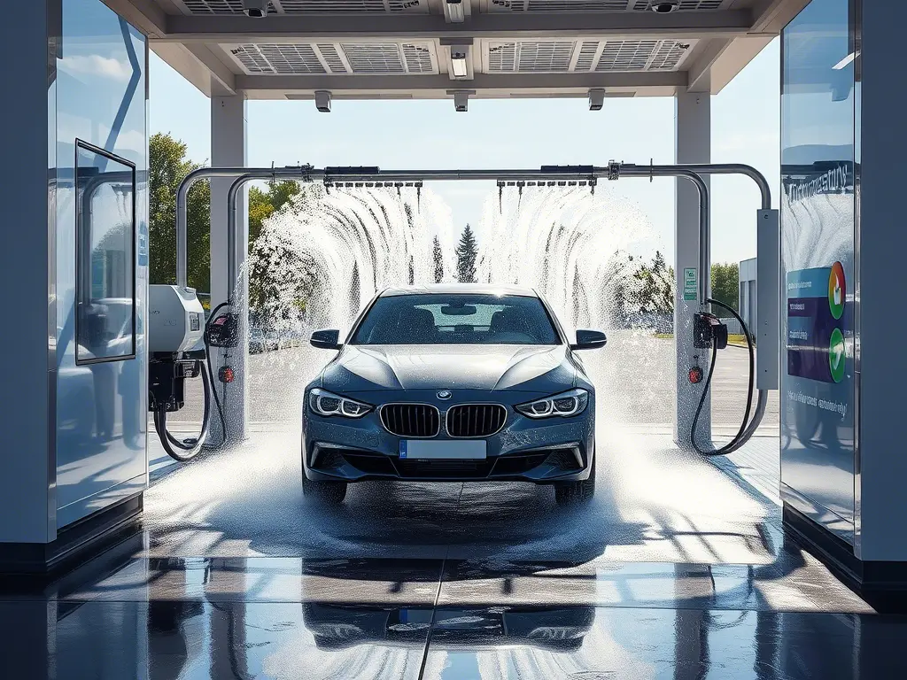 Eco-friendly setup showing how to start a touchless car wash business with a high-pressure, no-contact wash system operating on a modern vehicle.