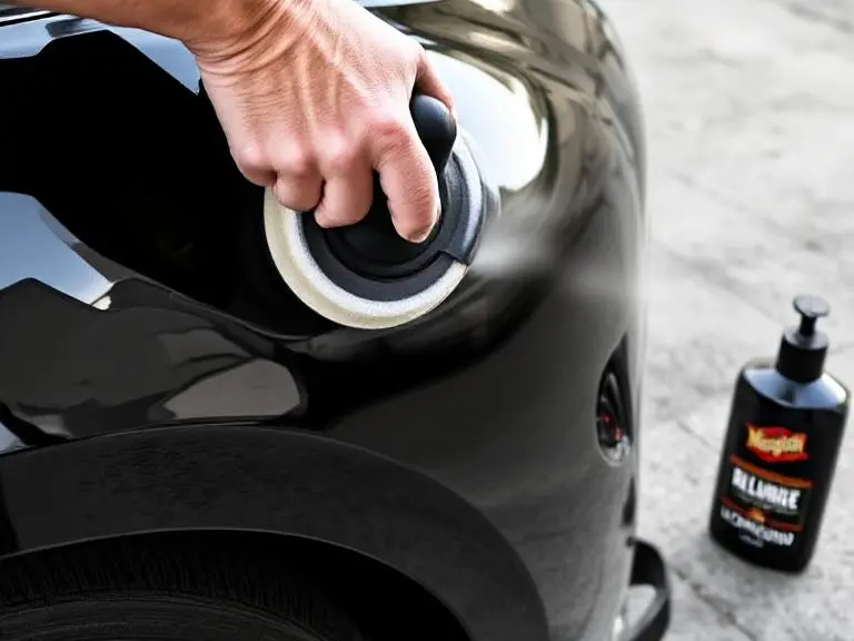 Remove Scratches from Car Paint Like a Pro: Do It Yourself and Save Big 4 Person using a cordless Eelhoe buffer with foam pad and Meguiar’s Ultimate Compound to polish a scratched black car panel.