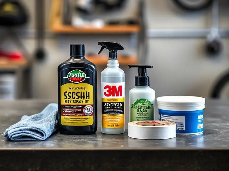 Remove Scratches from Car Paint Like a Pro: Do It Yourself and Save Big 3 Essential car scratch repair tools including Turtle Wax, 3M remover, microfiber cloth, and wax displayed on a clean garage bench.