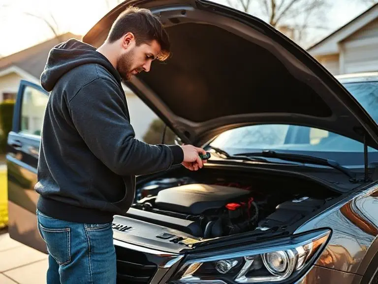 Car Horn Not Working? Here’s What to Do Before Panicking 2 Man checking car fuse box to troubleshoot a non-working car horn in a driveway DIY repair scene.