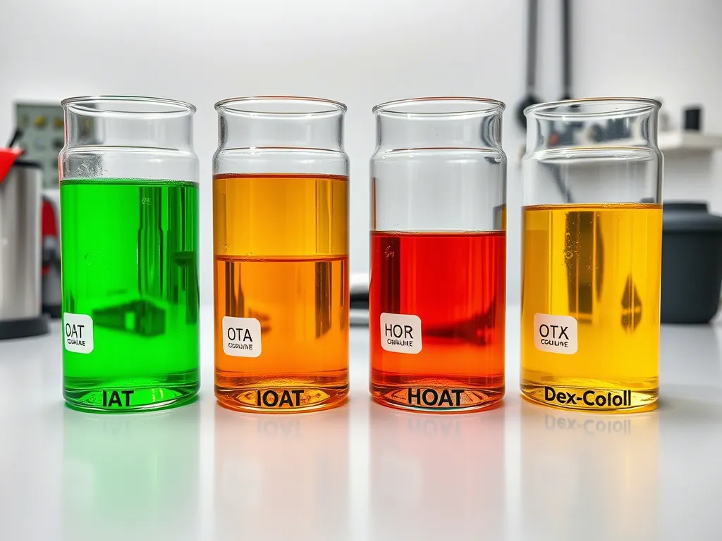 How to Flush a Car Radiator (and Why It Matters More Than You Think) 3 Four labeled glass containers showing different automotive coolant types. From left to right: Bright green IAT (Inorganic Acid Technology), orange OAT (Organic Acid Technology), yellow/turquoise HOAT (Hybrid Organic Acid Technology), and orange Dex-Cool coolant. Each liquid is translucent with realistic viscosity, displayed on a neutral background for comparison.
