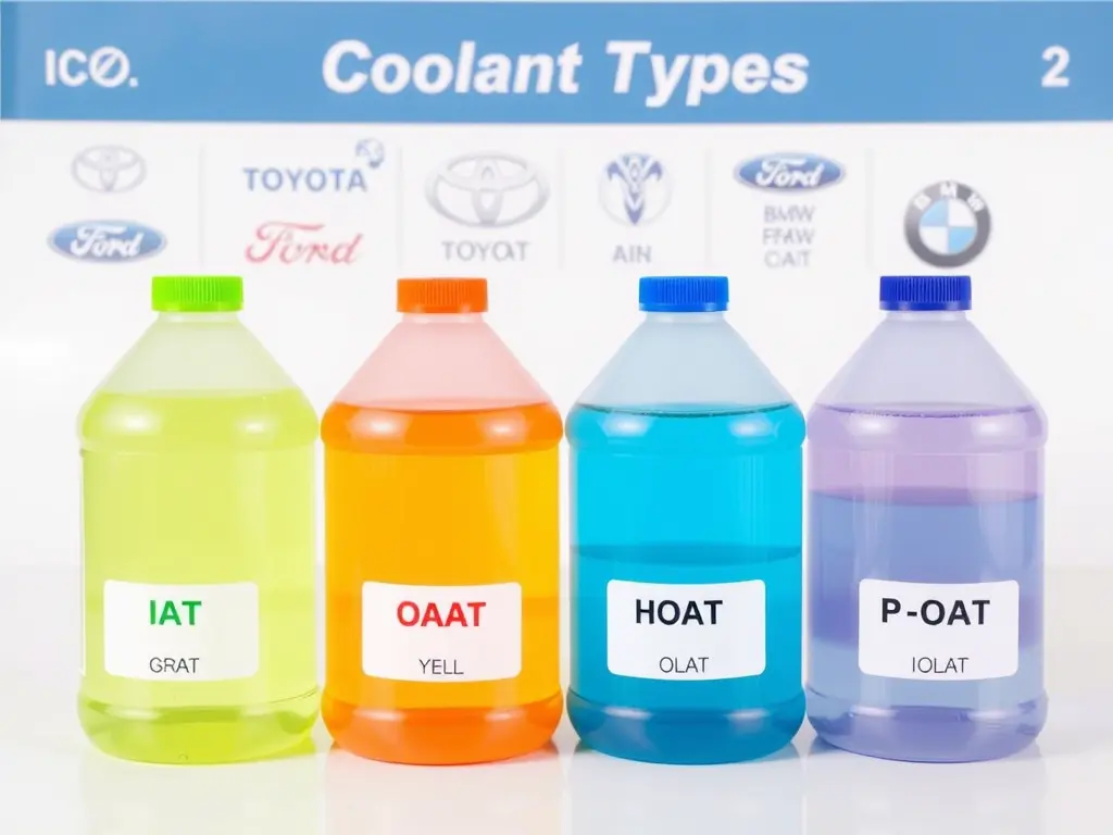 How to Flush a Car Radiator (and Why It Matters More Than You Think) 3 Visual comparison of coolant types: IAT, OAT, HOAT, and P-OAT with matching colors and car brand compatibility
