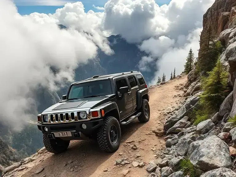 Hummer H3 Alpha climbing a narrow cliffside trail in Ouray, Colorado, with steep drops and alpine scenery.