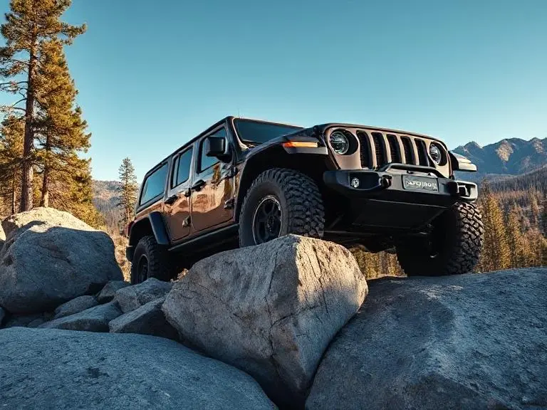 Jeep Gladiator Rubicon tackling granite slabs on California’s Rubicon Trail with suspension flexed and visible trail damage.