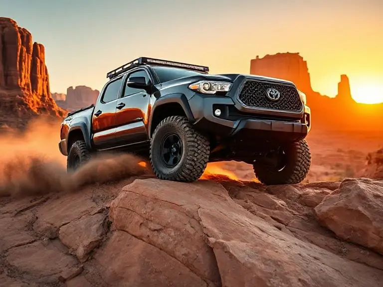 Toyota Tacoma TRD Pro climbing slickrock at Moab’s Hell’s Revenge trail, showcasing why it’s one of the best off-road trucks for rocky desert terrain.
