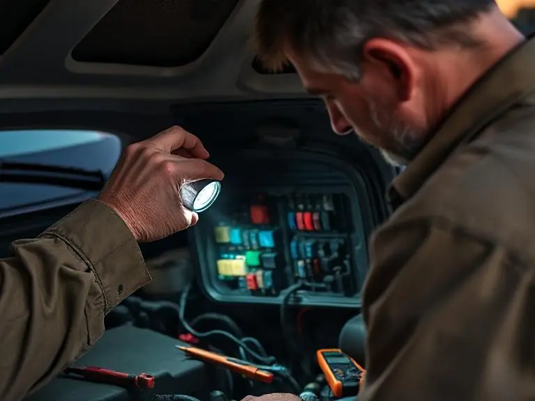 Headlights Not Working? Here’s What Every Driver Needs to Know 3 Mechanic inspecting a car's fuse box under the hood with a flashlight, preparing to test fuses for headlight failure.