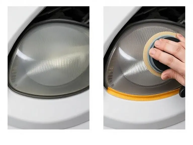 Headlights Not Working? Here’s What Every Driver Needs to Know 4 Foggy car headlight being restored using sandpaper, showing half-clear and half-yellowed surface during the polishing process.