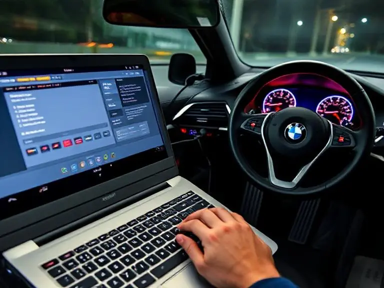 Laptop connected to a modern vehicle running ECU reset software, showing how to reset an ECU in newer cars with advanced diagnostics.