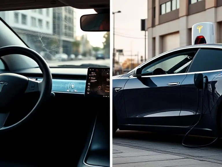 Tesla Problems and Solutions: What Every Owner and Enthusiast Needs to Know 2 Split image showing common Tesla problems and solutions—left side features a Tesla Model 3 with a cracked screen and warning lights, while the right side shows a well-maintained Tesla being charged by a happy owner.