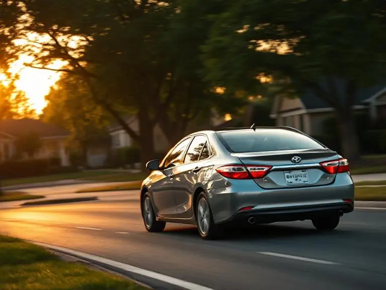 Used Toyota Camry Hybrid driving smoothly on a quiet suburban road.