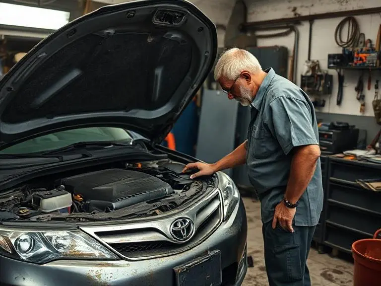 Mechanic inspecting a high-mileage used Toyota Camry in a garage for potential engine issues.