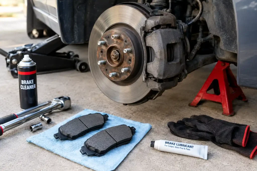 How to Change Brake Pads Like a Pro (Even If You’ve Never Touched a Wrench) 2 Brake pads replacement with a removed wheel showing the brake rotor and caliper, new brake pads, tools, and jack stand.