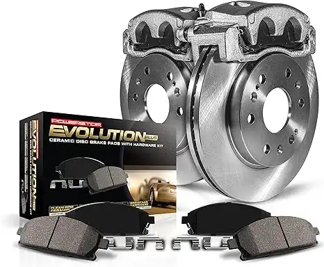 Brand-new ceramic brake pads installed on a shiny new brake disc rotor, showcasing a clean and precise fit—both available on Amazon.