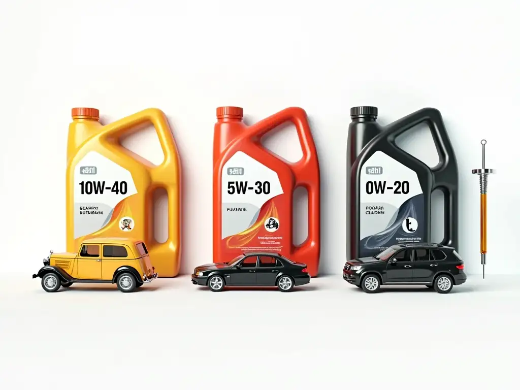 Comparison of motor oil types (10W-40, 5W-30, 0W-20) with matching vehicles and dipstick examples