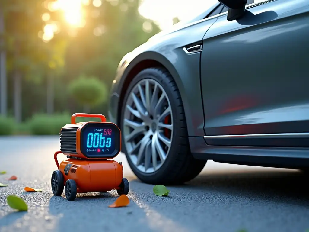 Fixing TPMS light meaning issue using a portable tire inflator on a car tire.