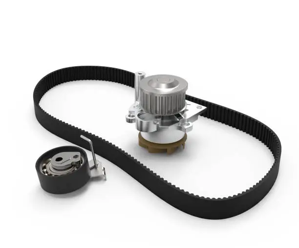 Essential timing belt replacement kit including new belt, water pump and tensioner to ensure a complete job.