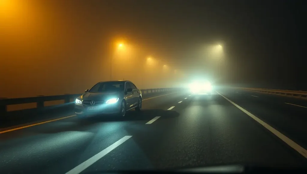 Car driving through heavy fog with fog lights illuminating the road surface clearly.