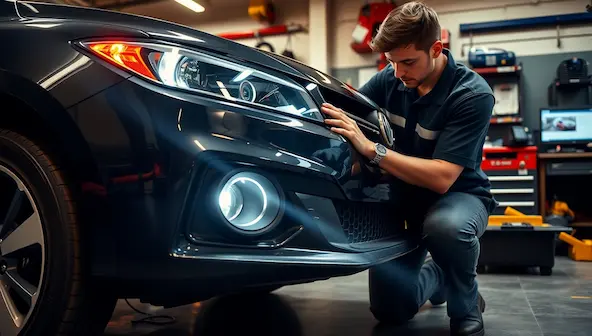 Mechanic adjusting front fog lights in a car workshop for proper alignment