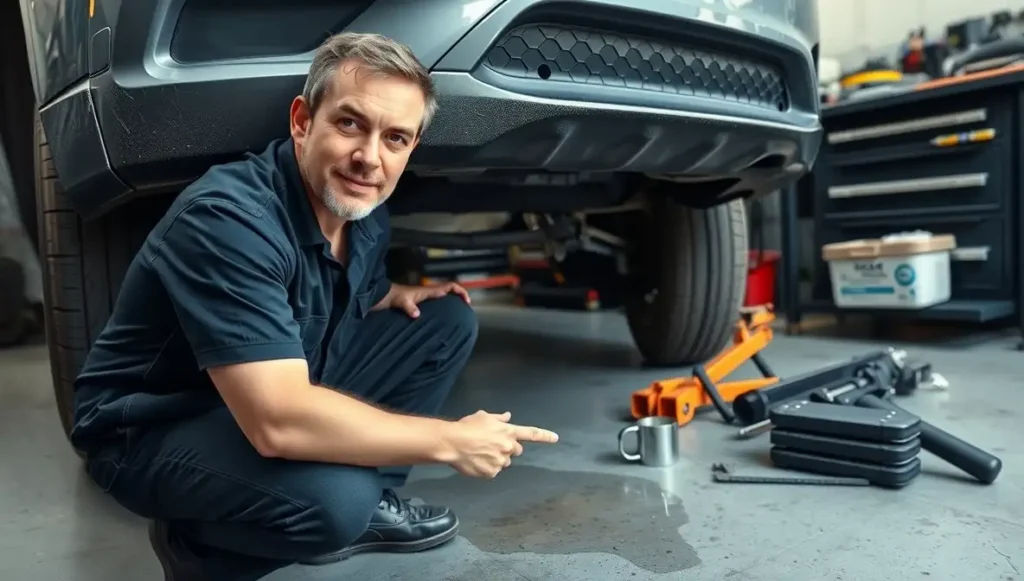 Mechanic inspecting water leaking from the bottom of a car in a workshop.