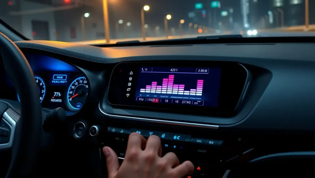 Car Audio Equalizer: The Secret to Transforming Your Sound on the Road 2 Car audio equalizer on dashboard with driver adjusting sound frequencies for perfect bass and treble.