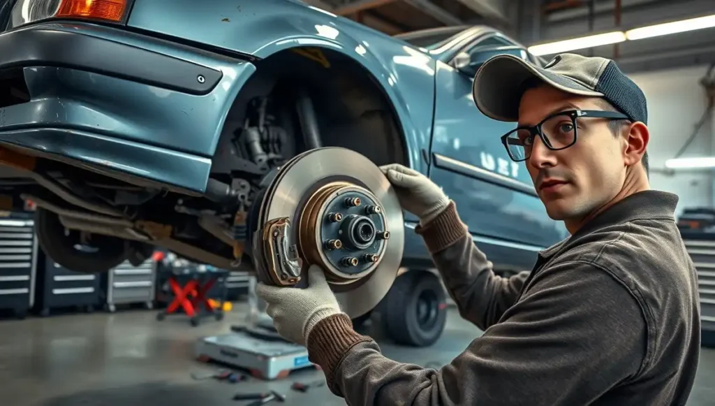 home 8 Mechanic inspecting brakes to diagnose why a car shakes when braking at high speeds.