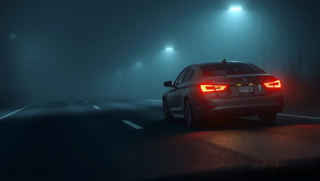 Car driving through heavy fog with fog lights illuminating the road surface clearly.