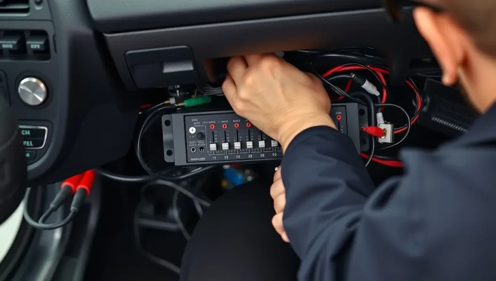 Car Audio Equalizer: The Secret to Transforming Your Sound on the Road 3 Electromechanic installing a car audio equalizer and amplifier cables inside a vehicle dashboard.