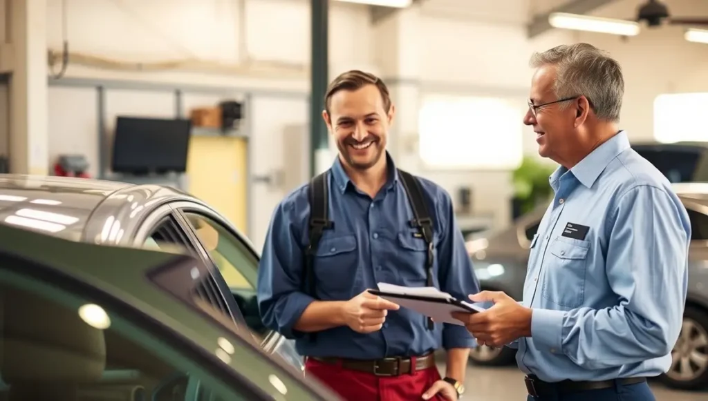 Everything You Need to Know to Lease a Second-Hand Car with Confidence 3 Mechanic explaining how to lease a second-hand car to a customer in an auto workshop.