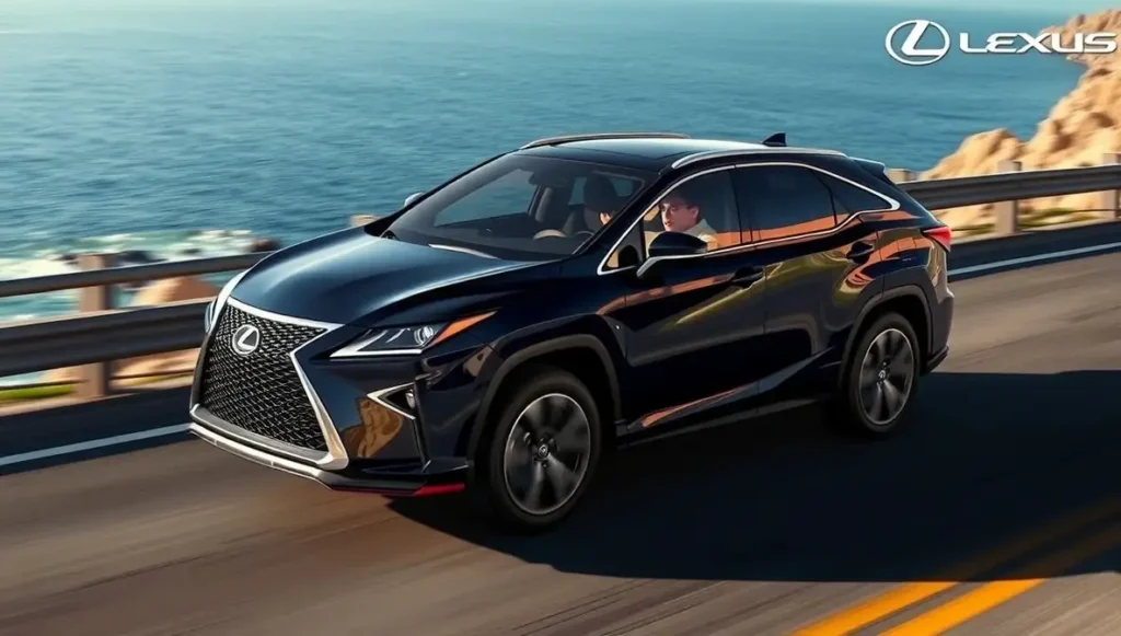2025 Lexus RX 350 exterior driving on coastal highway, F SPORT styling