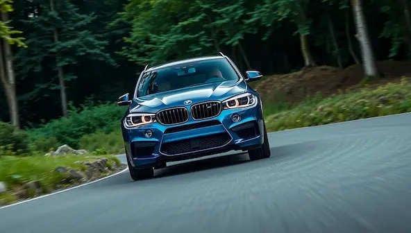 A BMW 3 Series, a sporty and reliable choice from the best car brands in Germany, on a winding forest road.