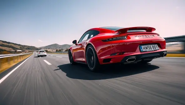 A Porsche 911, representing the pinnacle of the best car brands in Germany, driving on the Autobahn.