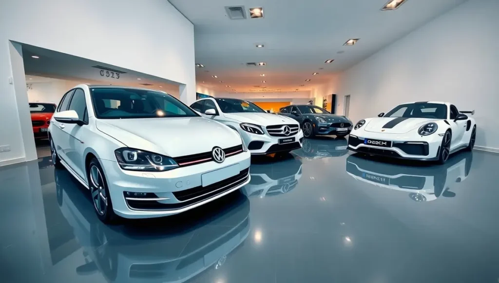 A lineup of the best car brands in Germany, featuring iconic models from Volkswagen, Mercedes, and Porsche in a showroom.