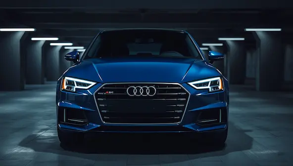 An Audi A4, a tech-forward model from the best car brands in Germany, in a modern urban setting.