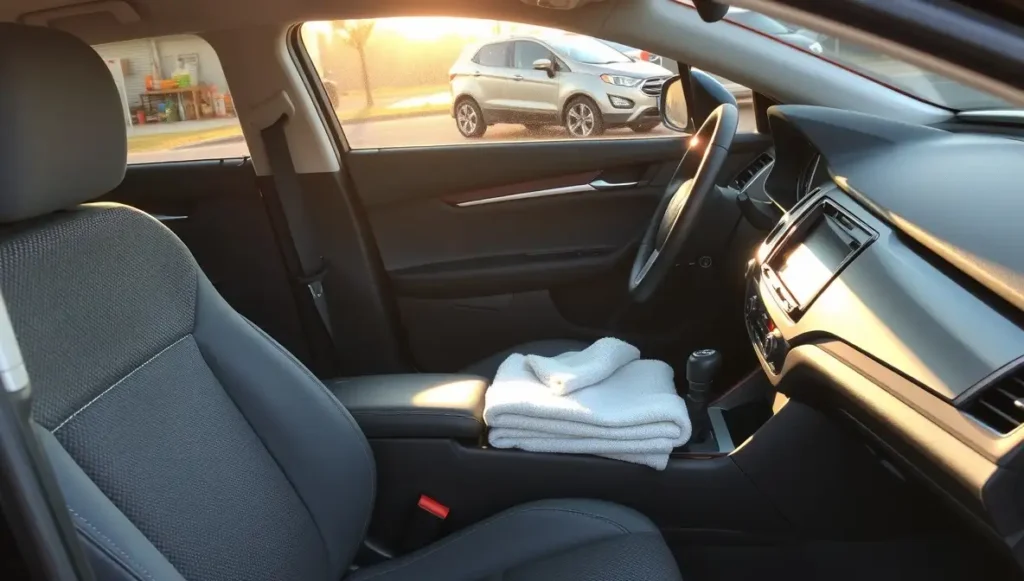 Best way to clean a car interior showing spotless dashboard and seats with microfiber cloths