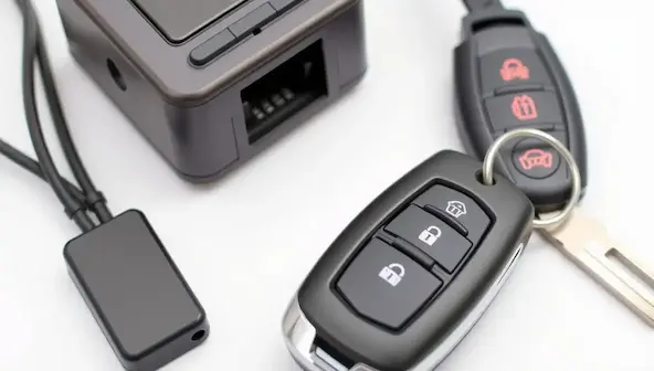 Car key fob with transponder chip near ignition switch showing how anti-theft system works.