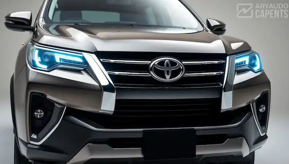 Close-up of Toyota Fortuner 2025 LED headlights and front grille design.