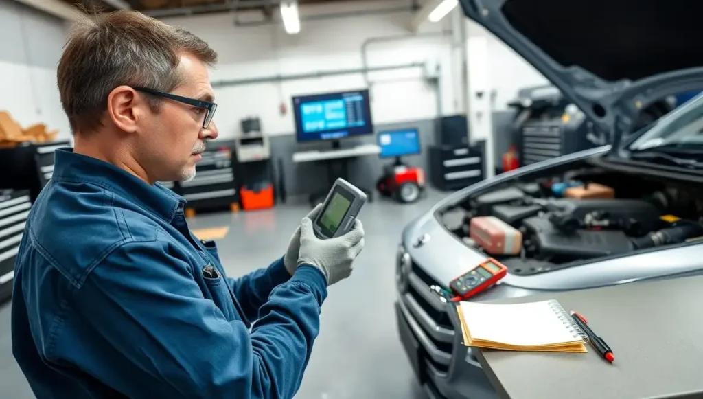 Electromechanic using diagnostic scanner to find why car won’t start.
