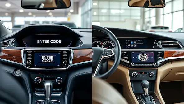 Honda Accord and Volkswagen dashboards showing radio code entry screen.