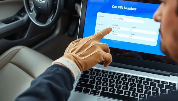 Mechanic checking car VIN to retrieve radio code using a laptop.