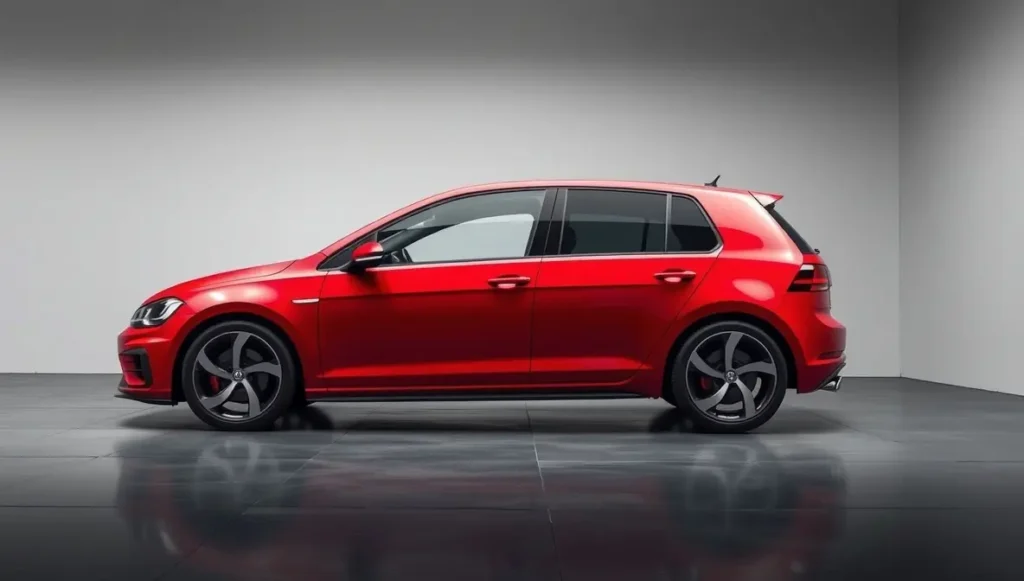 The Volkswagen Golf, a top contender for the best car brands in Germany, showcased in a modern studio setting.