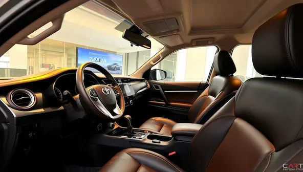 Toyota Fortuner 2025 interior showing dashboard, touchscreen, and leather seats.