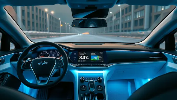 Hybrid car dashboard displaying EV mode details and electric motor indicators.