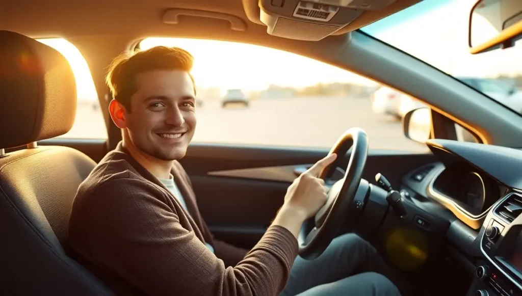 Beginner driver learning how to drive a car, sitting behind the wheel for the first time in an empty parking lot.