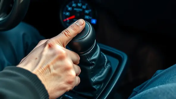 Driver shifting a manual gear stick while learning how to drive.